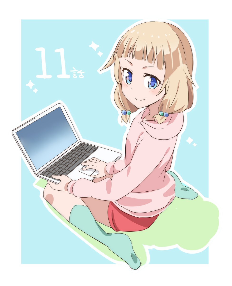 1girl, bangs, blonde_hair, blue_background, blue_eyes, blunt_bangs, blush, border