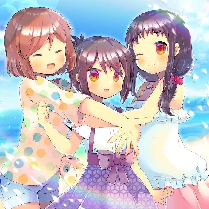 3girls, :d, ;), a_channel, bangs, bare_arms, bare_shoulders, black_hair