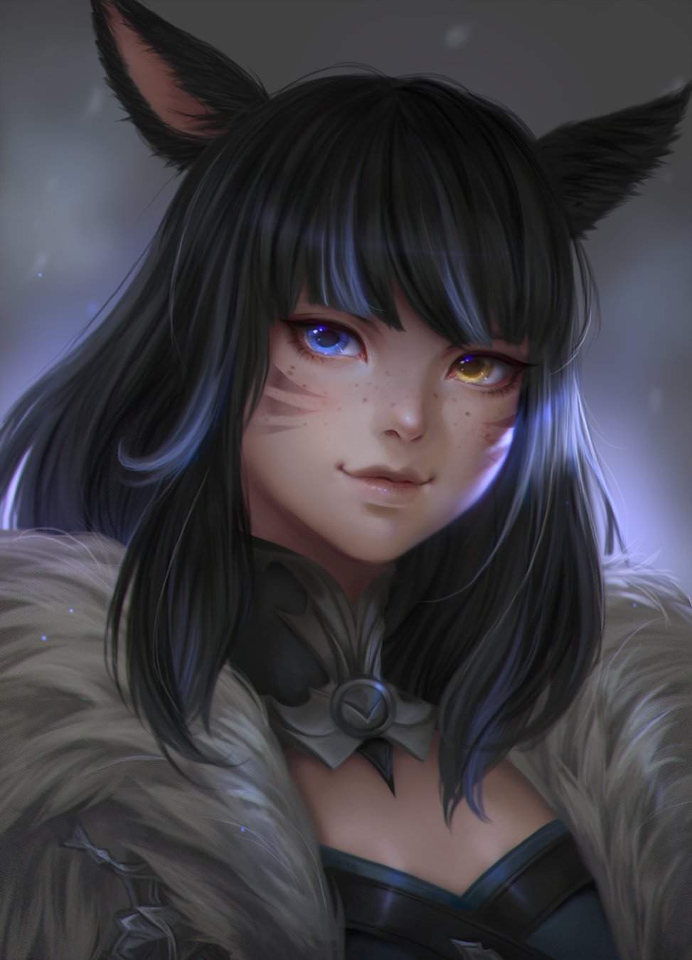 1girl, animal_ears, bangs, black_hair, cat_ears, close-up, commission, facial_mark