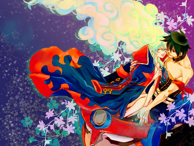 1girl, coat, couple, hoshino_hitsuki, male, multicolored_hair, nia_teppelin, ninn