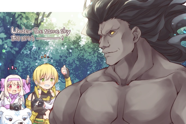 1girl, 2boys, ainu_clothes, bear, berserker, black_hair, blonde_hair, camera