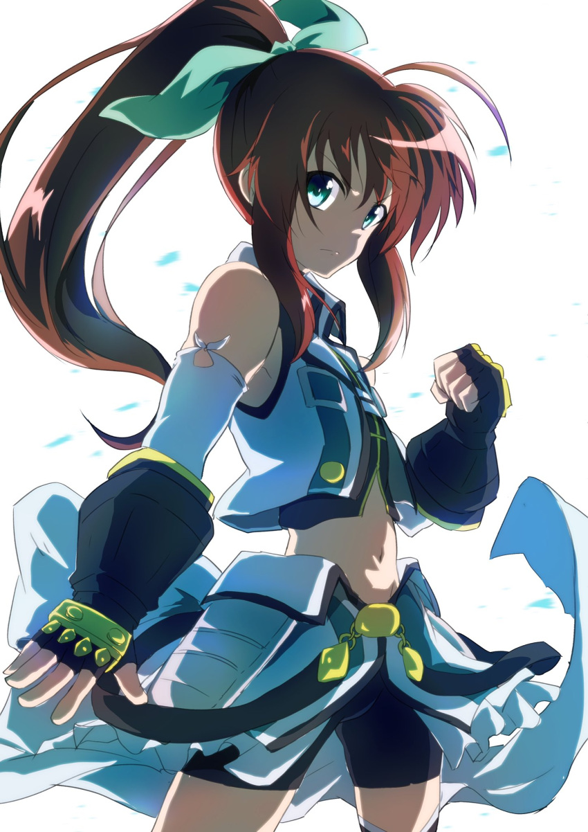 1girl, armored_skirt, backlighting, bangs, bike_shorts, black_gloves, black_shirt, black_shorts, brown_hair, clenched_hand, closed_mouth, commentary, elbow_gloves, fighting_stance, fingerless_gloves, frown, fuuka_reventon, gloves, green_eyes, green_ribbon, hair_ribbon, highres, jacket, kashima_fumi, layered_gloves, long_hair, looking_at_viewer, lyrical_nanoha, magical_girl, midriff, navel, overskirt, ponytail, ribbon, shirt, shorts, sidelocks, simple_background, skirt, sleeveless, sleeveless_jacket, sleeveless_shirt, solo, standing, vivid_strike!, white_background, white_gloves, white_jacket, white_skirt