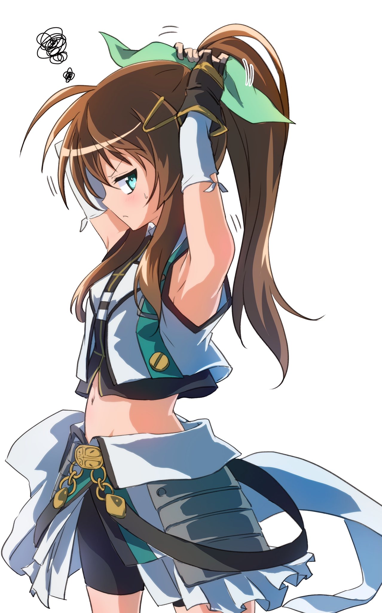 1girl, armored_skirt, armpits, arms_up, bike_shorts, black_gloves, black_shirt, black_shorts, blush, brown_hair, closed_mouth, commentary, elbow_gloves, fingerless_gloves, from_side, frown, fuuka_reventon, gloves, green_eyes, green_ribbon, hair_ribbon, highres, jacket, kashima_fumi, layered_gloves, long_hair, looking_at_viewer, lyrical_nanoha, magical_girl, midriff, motion_lines, navel, overskirt, ponytail, ribbon, shirt, shorts, simple_background, skirt, sleeveless, sleeveless_jacket, sleeveless_shirt, solo, squiggle, standing, sweatdrop, tying_hair, vivid_strike!, white_background, white_gloves, white_jacket, white_skirt