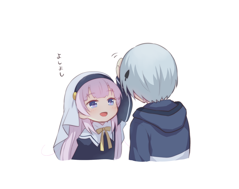 1boy, 1girl, :d, arm_up, bangs, black_dress, blue_eyes, blue_hoodie