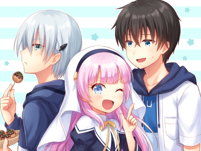 1girl, 2boys, :d, :t, ;d, bangs, black_dress, black_hair