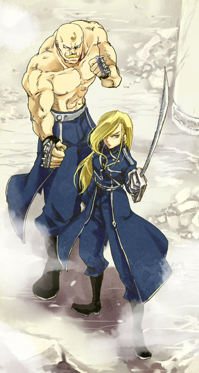 alex_luis_armstrong, blonde_hair, blue_eyes, brother_and_sister, facial_hair, fullmetal_alchemist, hoshino_hitsuki, male