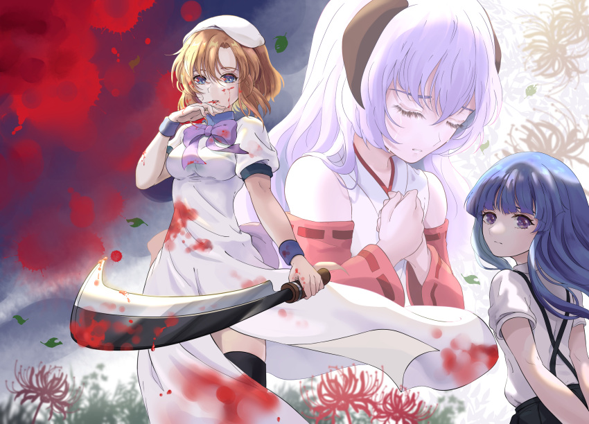 3girls, back_bow, bangs, beret, black_horns, black_legwear, bleeding, blood
