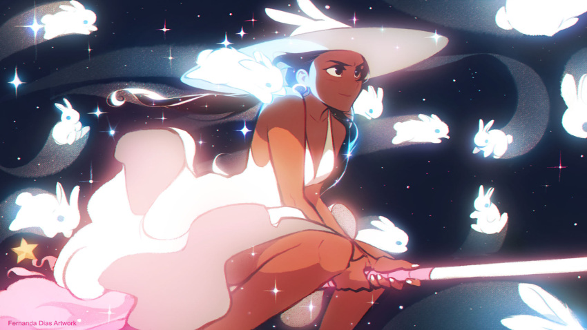 1girl, animal_hat, black_eyes, black_hair, broom, broom_riding, bunny_hat, commentary