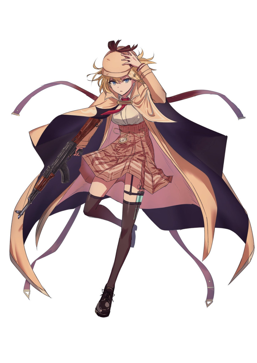 1girl, assault_rifle, black_footwear, blonde_hair, blue_eyes, capelet, checkered, checkered_skirt