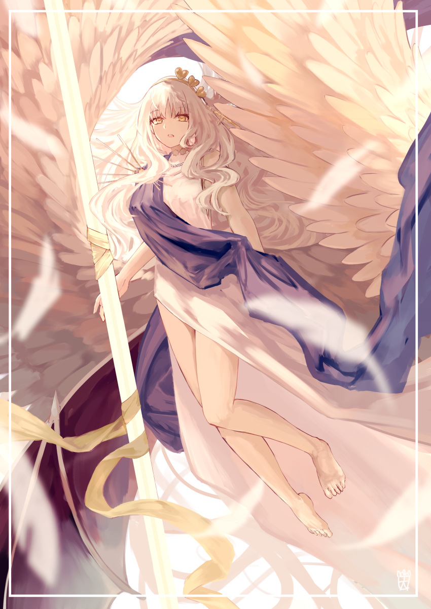1girl, absurdres, angel, angel_wings, bare_arms, bare_legs, barefoot, character_request