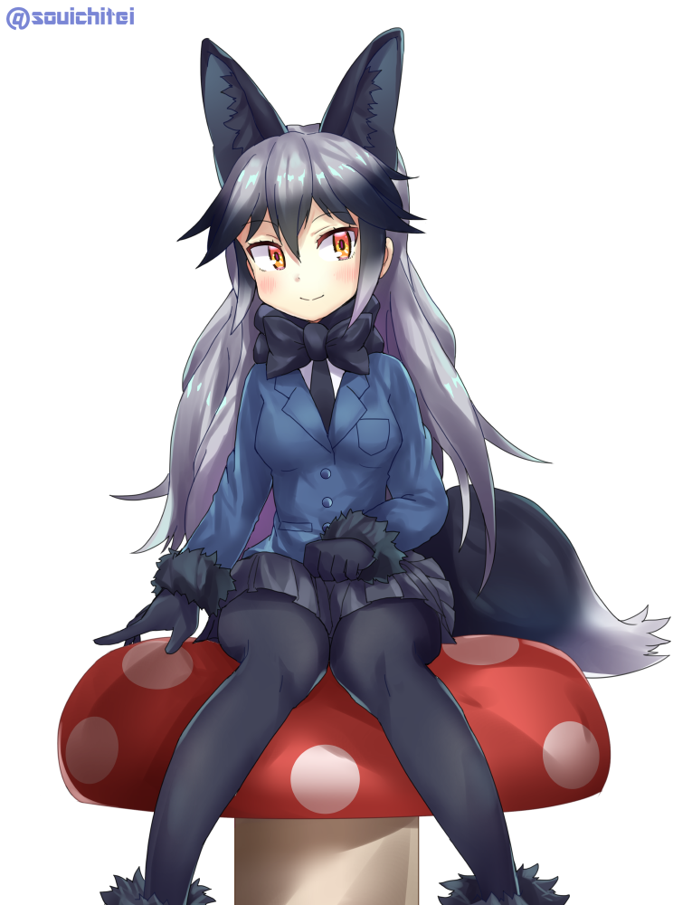 1girl, animal_ear_fluff, animal_ears, black_gloves, black_hair, black_legwear, black_neckwear, black_skirt
