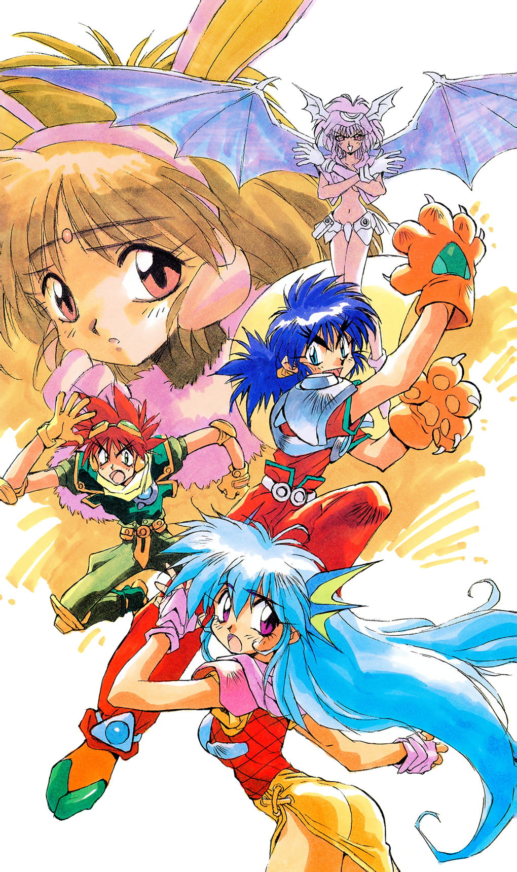 1990s_(style), 2boys, 3girls, :o, animal_ears, armor, ass, blue_eyes