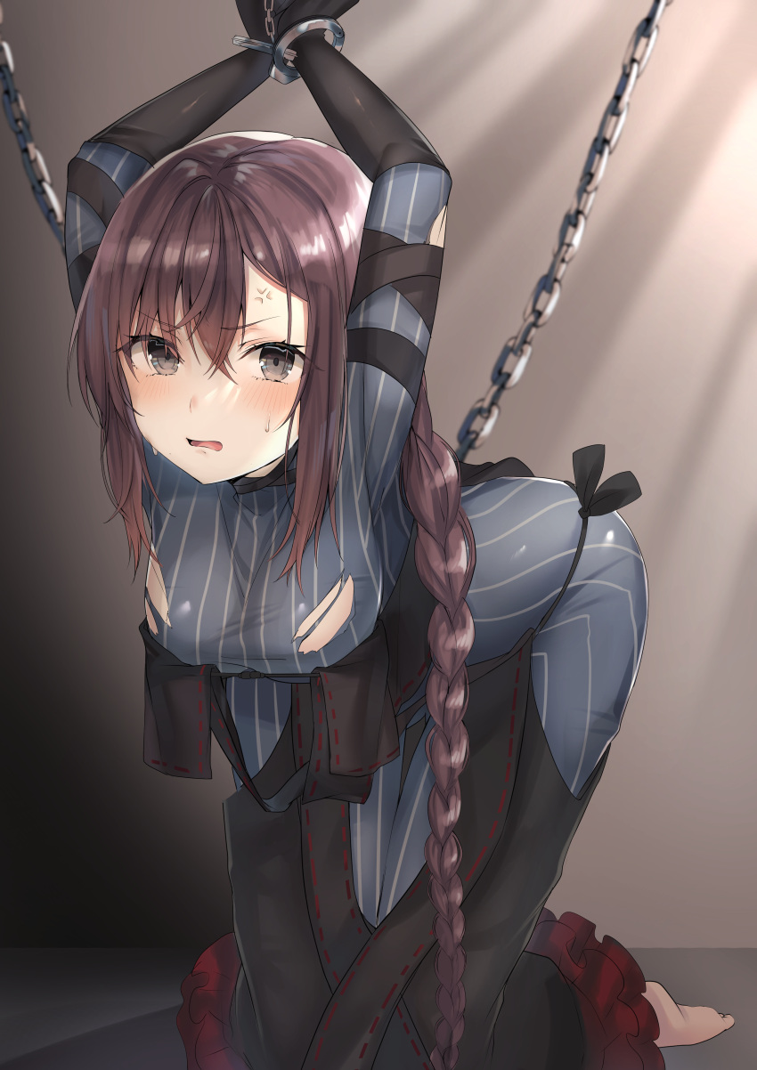 1girl, absurdres, anger_vein, arm_strap, arms_up, black_dress, black_gloves, blush
