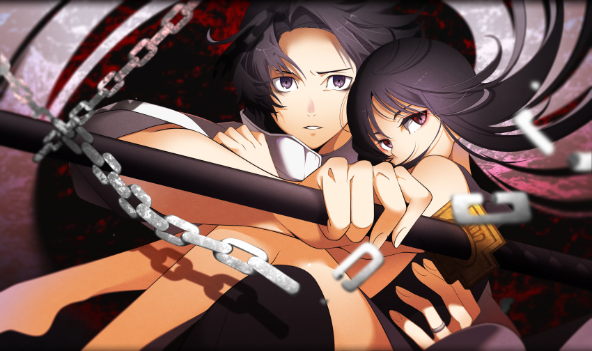 1boy, 1girl, absurdres, black_dress, black_hair, broken, broken_chain, chain