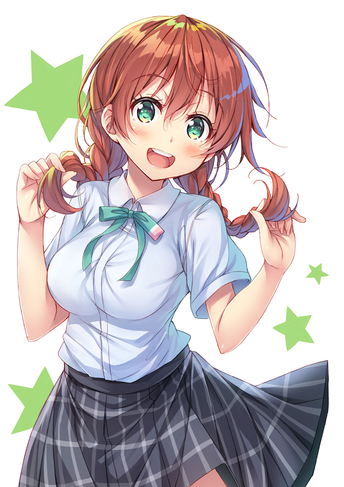 1girl, :d, arms_up, bangs, black_skirt, blue_neckwear, blush, braid