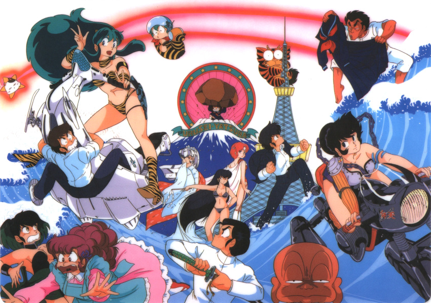1980s_(style), 5boys, 6+girls, aqua_hair, armlet, bald, benten, bikini, black_hair, boulder, cat, center_opening, chain, choker, constricted_pupils, curly_hair, dark_skin, dark_skinned_male, dress, floating_hair, food, fujinami_father, fujinami_ryuunosuke, green_hair, grin, high_heels, highres, holding, holding_clothes, holding_sword, holding_weapon, horns, hover_vehicle, japanese_clothes, katana, kimono, kotatsu-neko, kurama_(urusei_yatsura), lifting, long_hair, looking_at_viewer, lum, mendou_shuutarou, miyake_shinobu, moroboshi_ataru, multicolored_hair, multiple_boys, multiple_girls, navel, official_art, old, old_man, oni, oni_horns, onigiri, open_mouth, oyuki_(urusei_yatsura), pink_dress, ran_(urusei_yatsura), redhead, retro_artstyle, riding, sakura_(urusei_yatsura), sakuranbou_(urusei_yatsura), scan, school_uniform, sheath, sheathed, short_hair, silver_hair, smile, star_(symbol), strapless, strapless_bikini, swimsuit, sword, ten_(urusei_yatsura), tiger_stripes, tower, two-tone_hair, urusei_yatsura, very_long_hair, w, water, waves, weapon