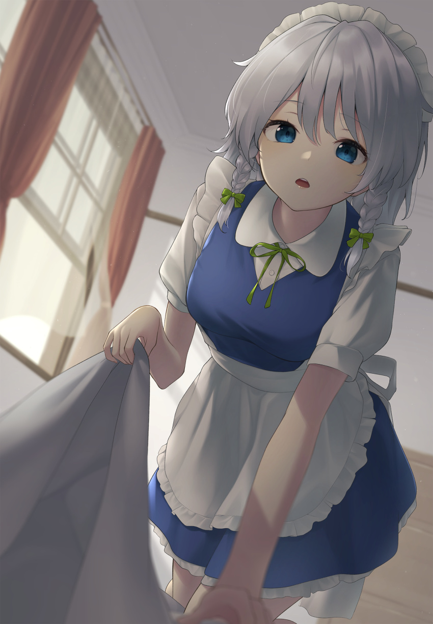 1girl, apron, arm_support, bangs, blue_dress, blue_eyes, blurry, blurry_foreground