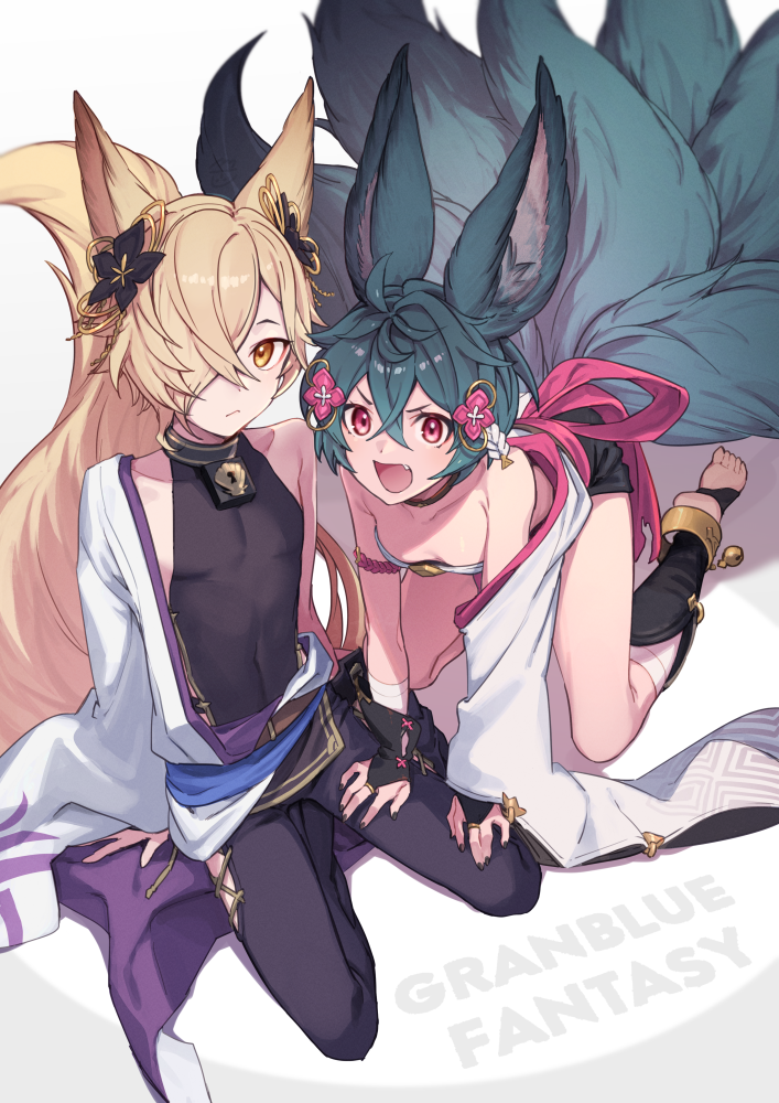 1boy, 1girl, all_fours, animal_ears, backless_outfit, bangs, bare_shoulders, black_hair, black_nails, blonde_hair, breasts, brown_eyes, collar, erune, fang, feb_itk, fox_boy, fox_ears, fox_girl, fox_tail, granblue_fantasy, hair_between_eyes, hair_ornament, hair_over_one_eye, kou_(granblue_fantasy), large_tail, long_hair, looking_at_viewer, multiple_tails, off_shoulder, open_mouth, red_eyes, short_hair, simple_background, sitting, small_breasts, tail, white_background, you_(granblue_fantasy)