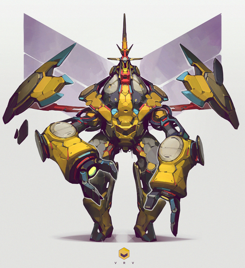 blue_eyes, copyright_name, english_commentary, highres, looking_at_viewer, mecha, no_humans, official_art
