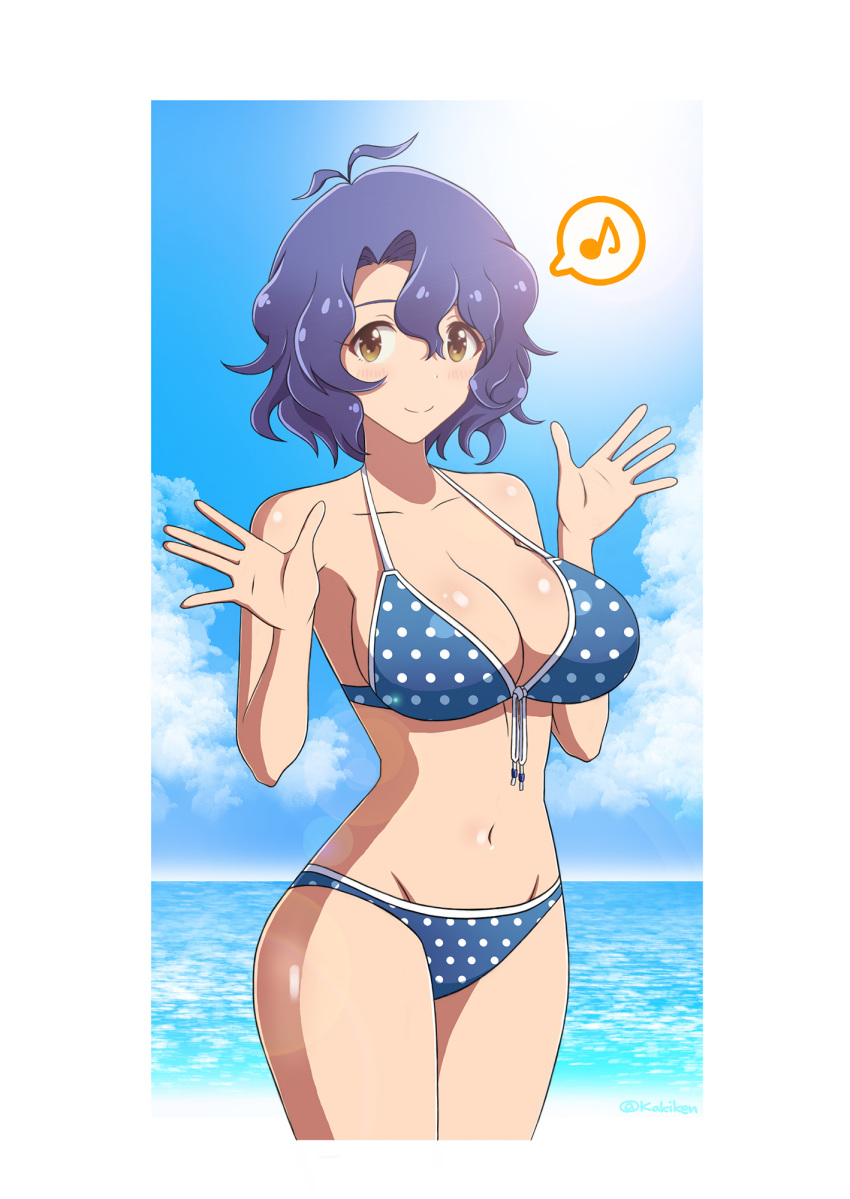 ahoge, beach, bikini, blue_hair, breasts, clouds, highres, idolmaster, idolmaster_million_live!, idolmaster_million_live!_theater_days, kakiken, large_breasts, looking_at_viewer, midriff, musical_note, navel, ocean, polka_dot, polka_dot_bikini, swimsuit, toyokawa_fuuka, waving, wavy_hair