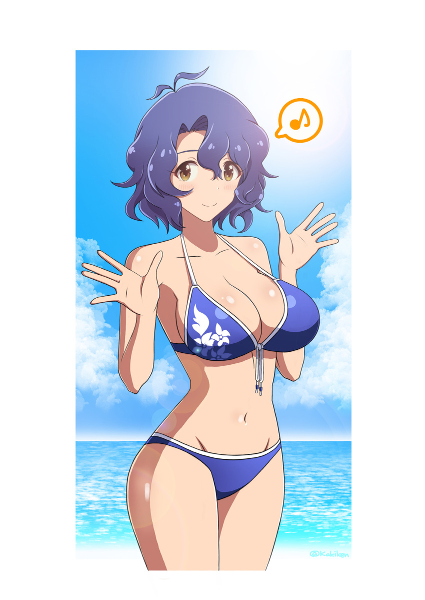 ahoge, beach, bikini, blue_hair, breasts, clouds, floral_print, highres, idolmaster, idolmaster_million_live!, idolmaster_million_live!_theater_days, kakiken, large_breasts, looking_at_viewer, midriff, musical_note, navel, ocean, swimsuit, toyokawa_fuuka, waving, wavy_hair