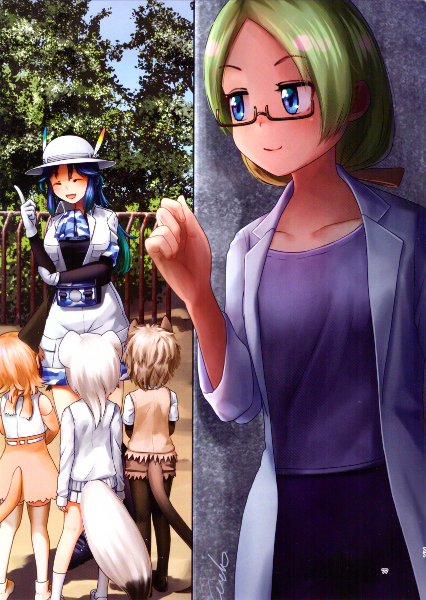 5girls, :d, ^_^, absurdres, animal_ears, bare_shoulders, beige_vest, black-framed_eyewear