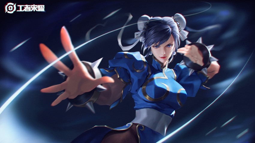 1girl, absurdres, alternate_eye_color, alternate_hair_color, black_hair, blue_dress, blue_eyes, bracelet, brown_legwear, bukui_shi_wo, bun_cover, china_dress, chinese_clothes, chinese_commentary, chinese_text, chromatic_aberration, chun-li, closed_mouth, double_bun, dress, earrings, fighting_stance, film_grain, foreshortening, highres, jewelry, making-of_available, martial_arts, pantyhose, pelvic_curtain, puffy_short_sleeves, puffy_sleeves, realistic, sash, short_sleeves, side_slit, simple_background, smile, solo, spiked_bracelet, spikes, street_fighter