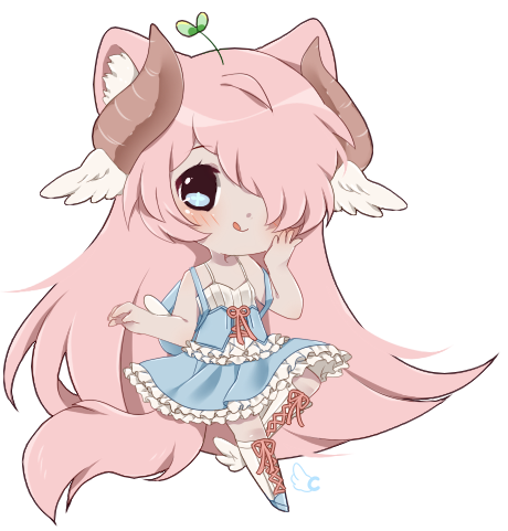 1girl, :p, animal_ears, backpack, blue_eyes, blush, boots, chibi, cutesu, dress, hair_over_one_eye, hand_on_own_cheek, horns, leaf_on_head, madoka_(sinamuna), original, pink_hair, plant_on_head, solo, sprout, sprout_on_head, symbol-shaped_pupils, tail, tongue, wing_ears, winged_backpack, winged_boots, winged_footwear, wings