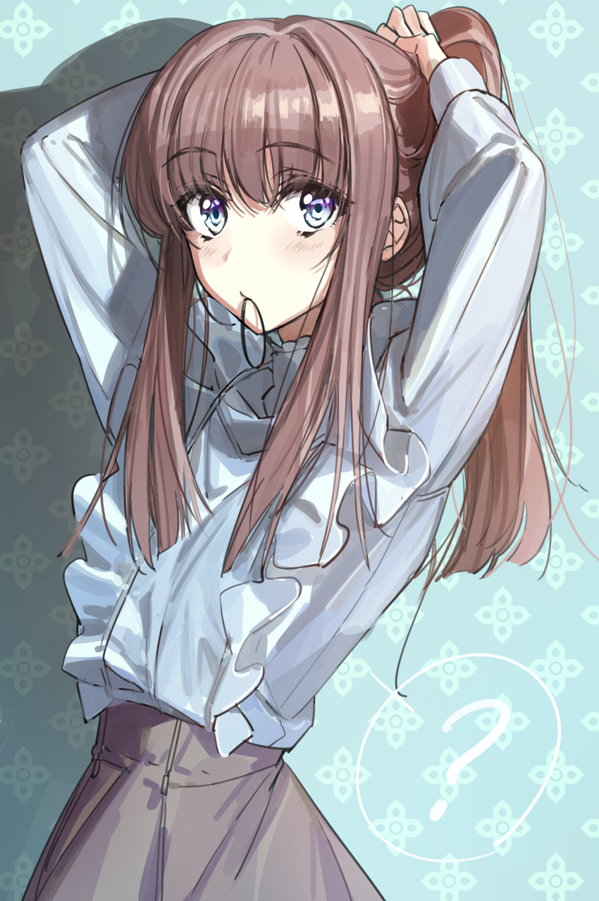 1girl, arms_up, bangs, black_skirt, blue_eyes, blush, brown_hair, commentary_request, eyebrows_visible_through_hair, frilled_shirt, frills, hair_tie, highres, long_hair, long_sleeves, looking_at_viewer, mouth_hold, original, ponytail, shado, shirt, shirt_tucked_in, sidelocks, skirt, solo, tying_hair, wattaro