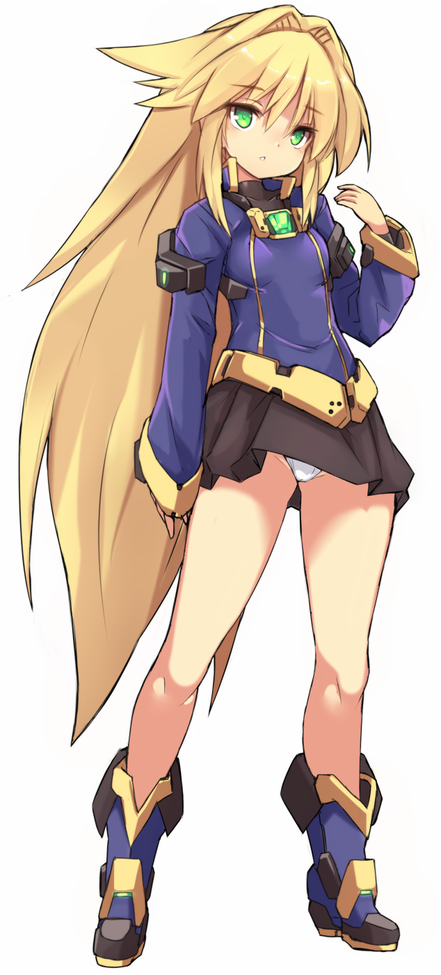 100_percent_orange_juice, 1girl, :o, bangs, black_skirt, blonde_hair, blue_footwear, blue_jacket