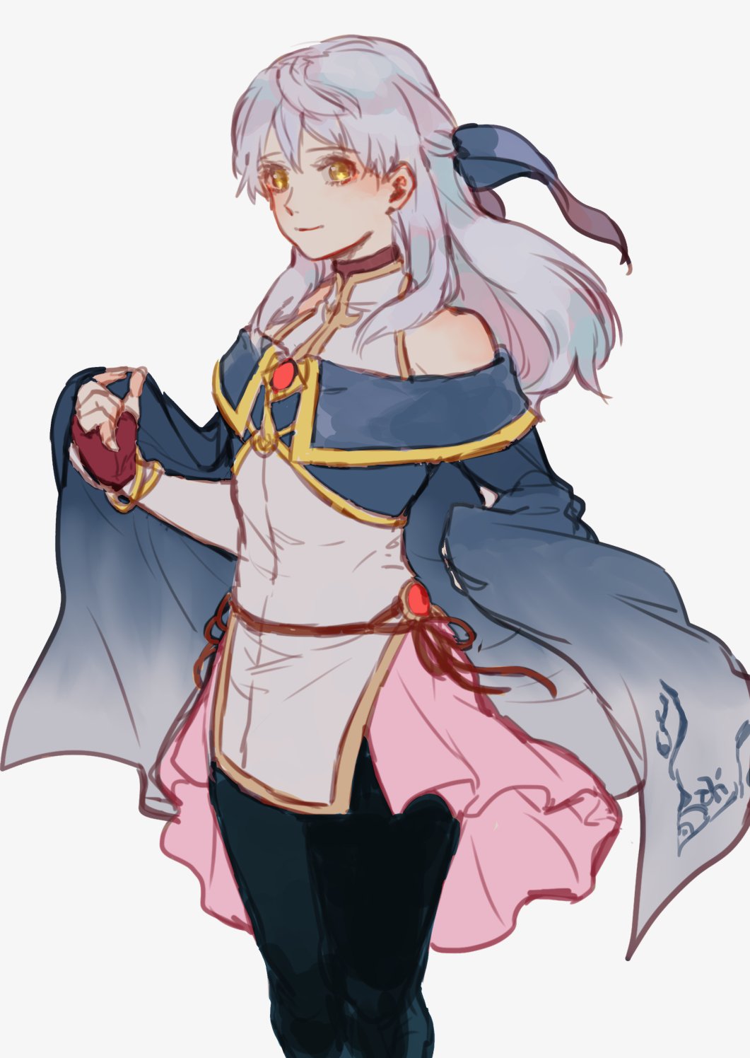 1girl, bangs, bare_shoulders, black_legwear, blue_cape, cape, detached_sleeves, dress