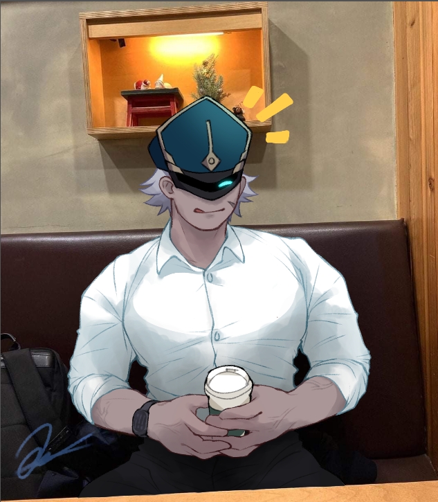 1boy, anemoboxer_vanguard_(genshin_impact), black_pants, blue_eyes, blue_headwear, chinese_commentary, coffee_cup, collared_shirt, cup, dark_skin, dark_skinned_male, disposable_cup, dress_shirt, facial_mark, genshin_impact, glowing, glowing_eye, hat, holding, holding_cup, long_sleeves, mask, muscular, one_eye_closed, pants, photo_(medium), scar, shirt, sleeves_rolled_up, tongue, tongue_out, unbuttoned, unbuttoned_shirt, user_feaw3845, watch, watch, white_hair, white_shirt, wing_collar