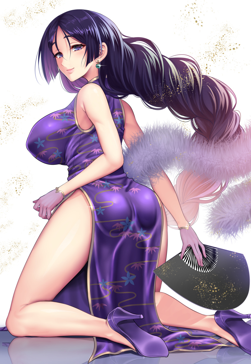 1girl, ass, back, bangs, bare_shoulders, blush, braid, breasts