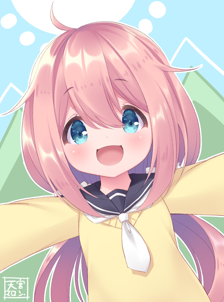 1girl, :d, ahoge, amamiya_marron, bangs, black_sailor_collar, blue_eyes, blue_sky