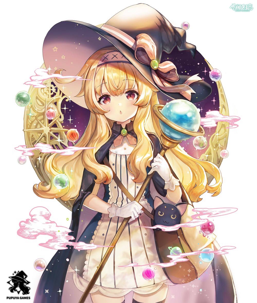 1girl, bag, black_cloak, black_dress, black_headwear, black_legwear, blonde_hair, cat