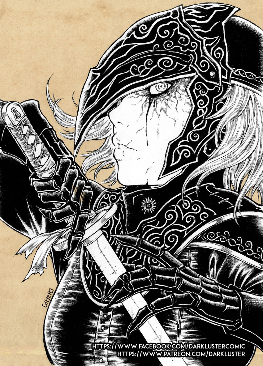 1girl, armor, blood, bloody_tears, clawed_gauntlets, dark_souls, dark_souls_iii, gauntlets