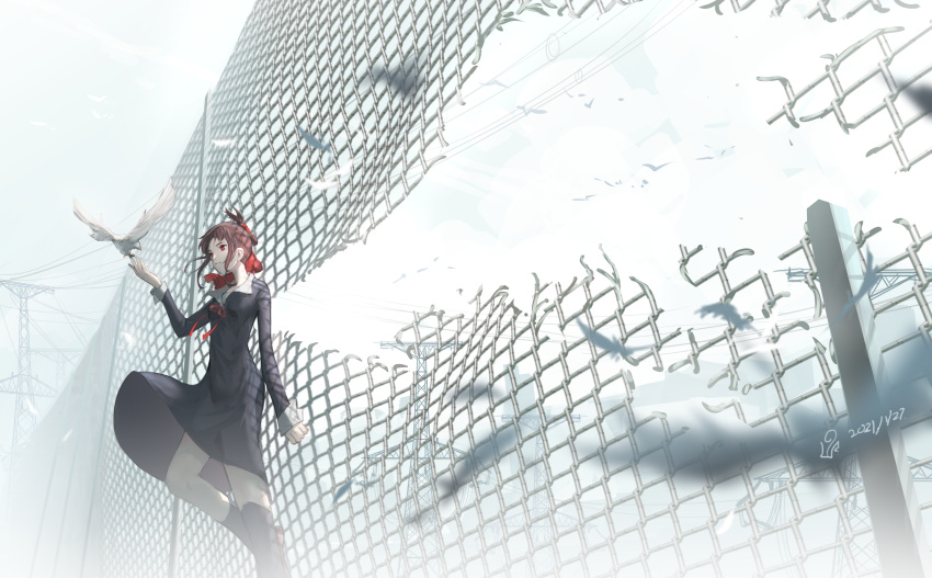 1girl, absurdres, animal, bad_proportions, bangs, bird, black_dress, black_hair