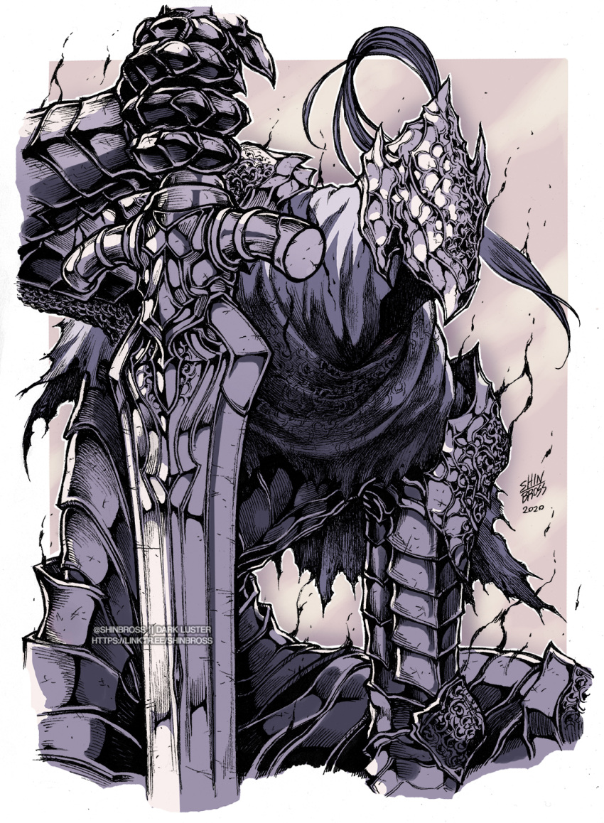 1boy, armor, artorias_the_abysswalker, aura, chainmail, dark_aura, dark_souls, dated, gauntlets, hatching_(texture), helmet, highres, holding, holding_sword, holding_weapon, male_focus, pauldrons, shinbross, shoulder_armor, signature, solo, souls_(from_software), sword, torn, torn_clothes, vambraces, watermark, weapon