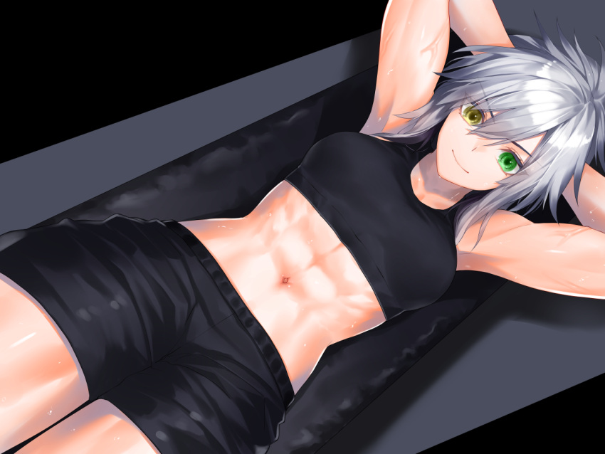1girl, abs, armpits, arms_behind_head, bangs, bare_shoulders, biceps, black_shorts, black_sports_bra, breasts, closed_mouth, collarbone, commentary_request, cowboy_shot, dodome_ichika, eyebrows_visible_through_hair, green_eyes, hair_between_eyes, heterochromia, long_hair, looking_at_viewer, lying, messy_hair, midriff, muscular, muscular_female, navel, on_back, original, short_shorts, shorts, sidelocks, silver_hair, sit-up, small_breasts, smile, solo, sports_bra, sweat, veins, waka_(shark_waka), yellow_eyes