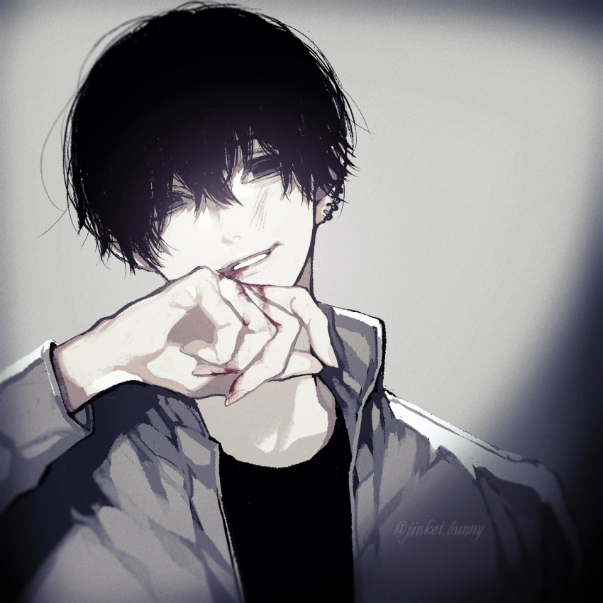 1boy, black_eyes, black_hair, blood, blood_from_mouth, blood_on_face, bloody_hands, chainsaw_man