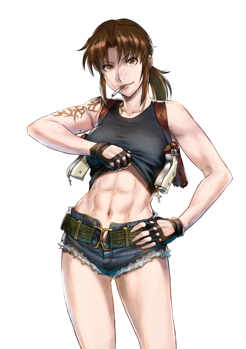 1girl, abs, azasuke, bangs, belt, black_lagoon, black_tank_top, breasts