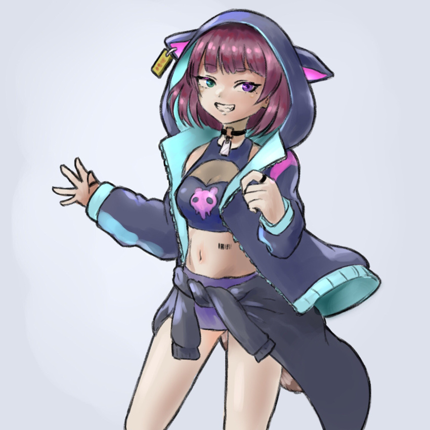 1girl, animal_hood, bangs, barcode_tattoo, black_sweater, blue_eyes, blue_hoodie, blue_tank_top, blunt_bangs, choker, clothes_around_waist, commentary_request, cowboy_shot, crop_top, eyebrows_visible_through_hair, grey_background, grin, heterochromia, highres, hood, hoodie, jewelry, looking_to_the_side, mole, mole_under_eye, momotaroru, purple_hair, raccoon_tail, ring, short_hair, simple_background, smile, solo, standing, sweater, sweater_around_waist, tail, talency, tank_top, tattoo, vego, violet_eyes, virtual_youtuber