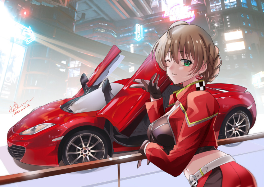 1girl, belt, black_gloves, braid, breasts, brown_hair, car, dated, earrings, gloves, green_eyes, ground_vehicle, hair_between_eyes, hand_up, heart, heart_earrings, idolmaster, idolmaster_million_live!, idolmaster_million_live!_theater_days, jewelry, kevn, large_breasts, long_sleeves, mclaren_mp4-12c, midriff, motor_vehicle, navel, one_eye_closed, railing, sakuramori_kaori, short_hair, solo