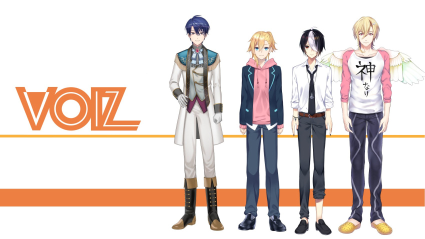 4boys, ahoge, asasumiboochan, asymmetrical_hair, bangs, belt, black_footwear, black_hair