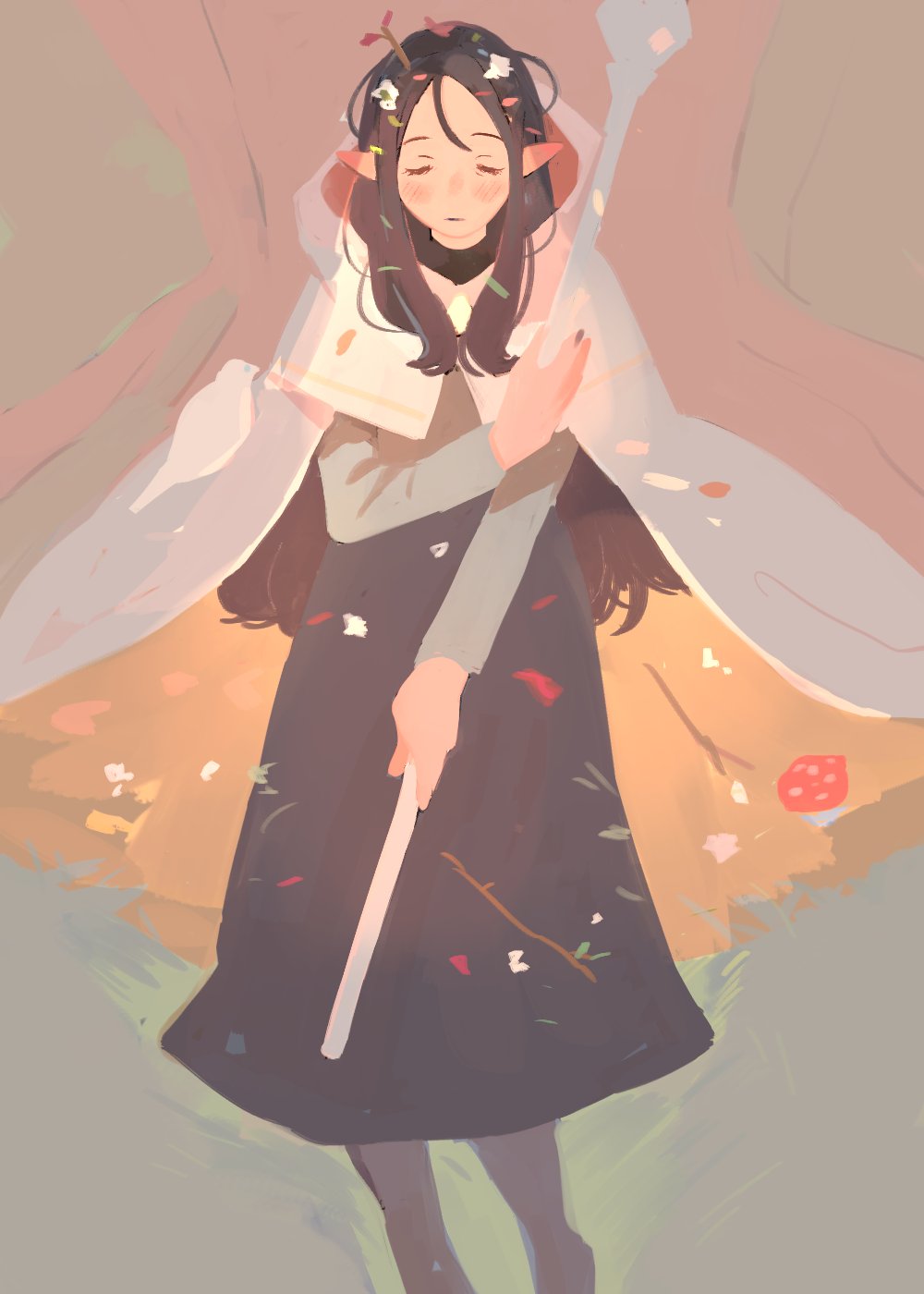 1girl, against_tree, cloak, closed_eyes, flower, grass, hair_flower, hair_ornament