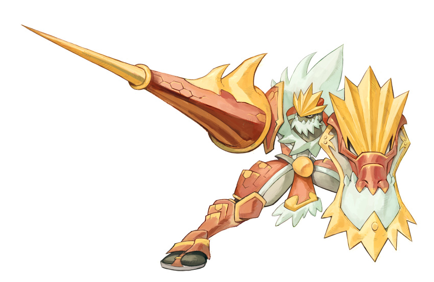 1boy, armor, colored_skin, crossover, faulds, forehead_protector, full_armor, fur_collar