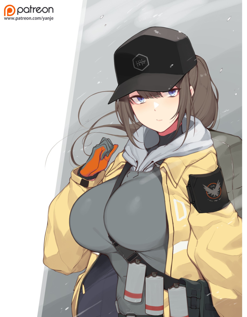 1girl, bangs, between_breasts, blue_eyes, blunt_bangs, breasts, brown_hair, deele_(girls_frontline)