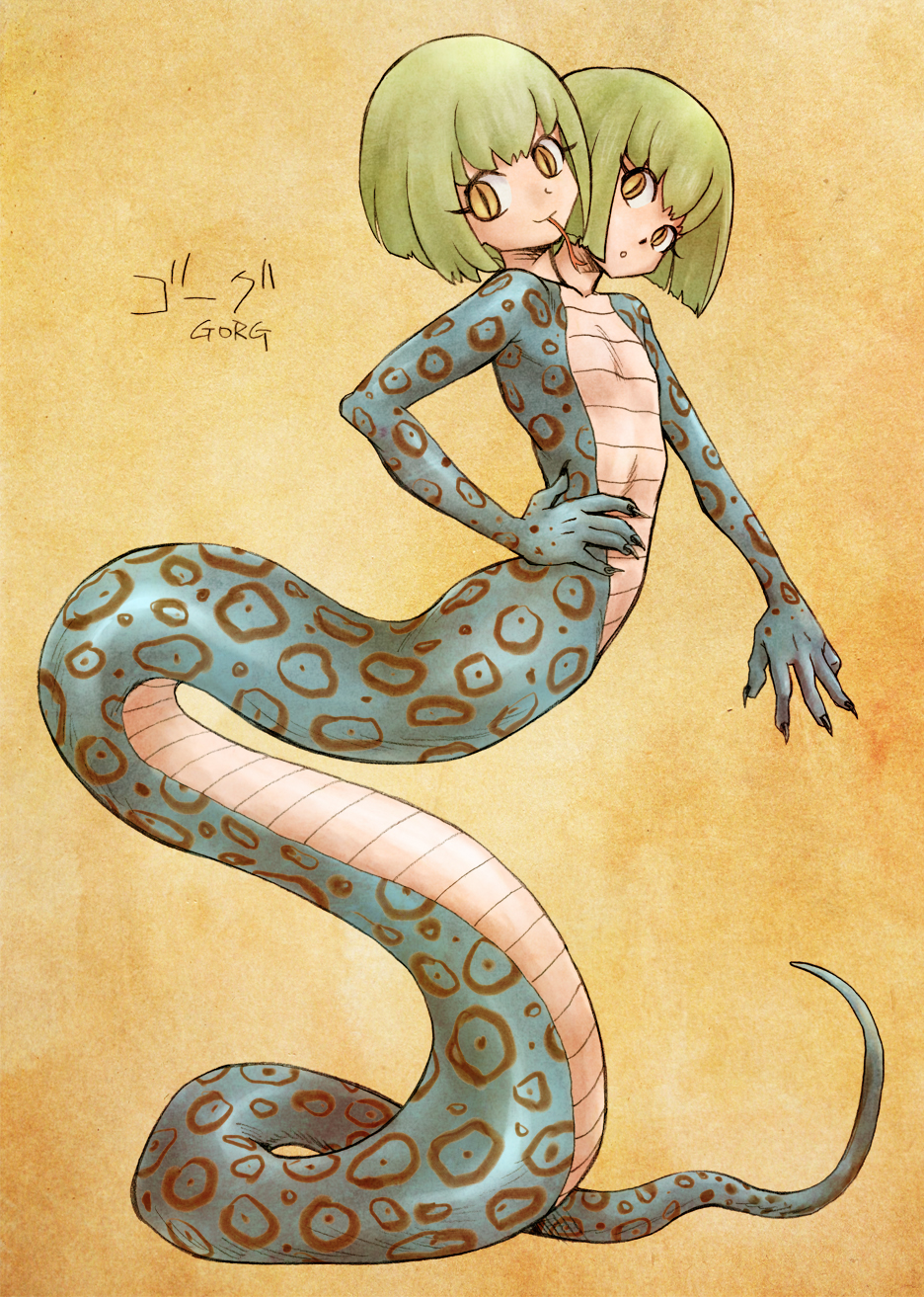 1girl, character_name, character_request, commentary_request, cryptid, fingernails, flat_chest, forked_tongue, full_body, green_hair, hand_on_hip, highres, lamia, looking_at_viewer, monster_girl, multiple_heads, original, sharp_fingernails, slit_pupils, smile, solo, tongue, tongue_out, unno_hotaru, yellow_eyes