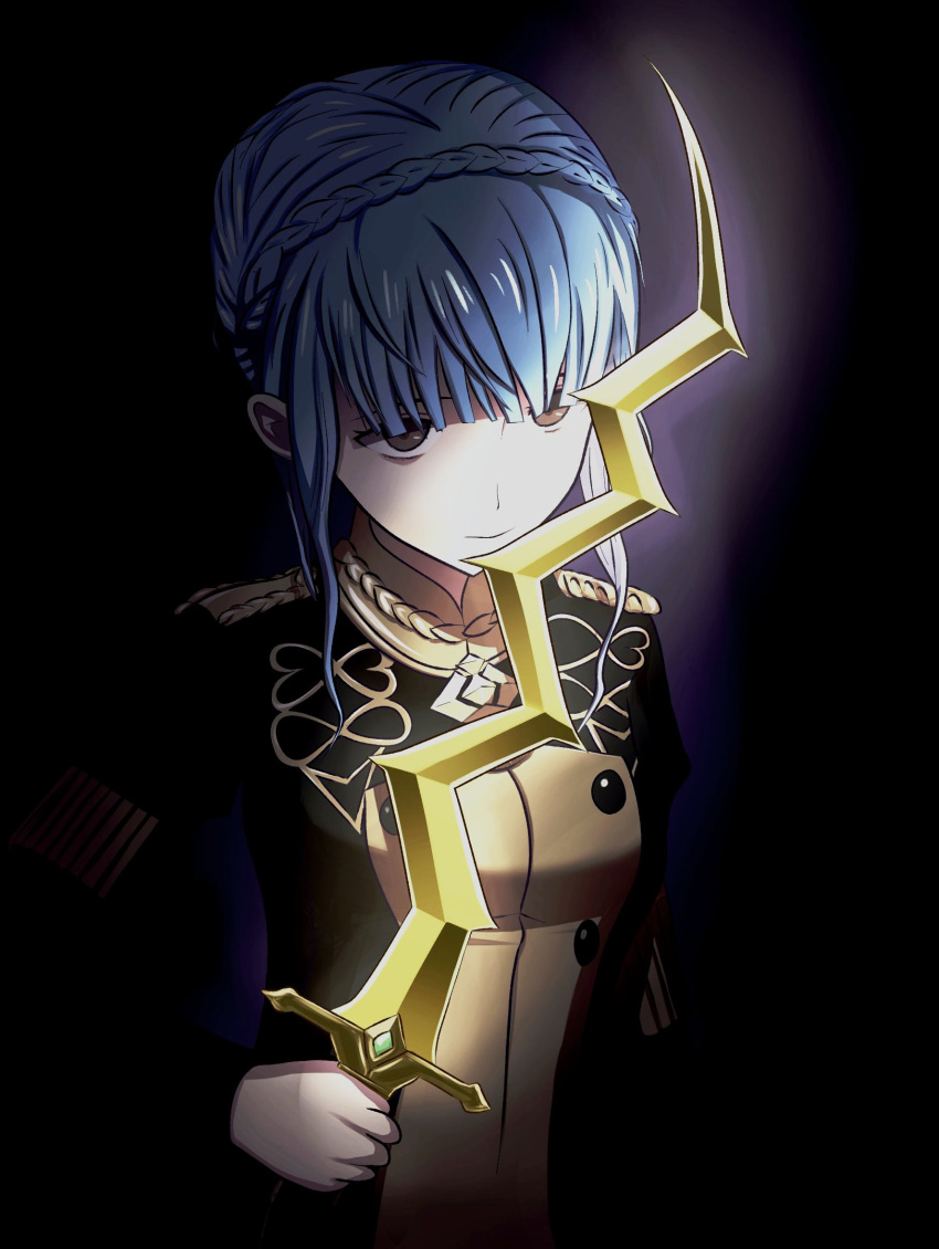 1girl, bangs, black_background, black_jacket, blue_hair, braid, brown_eyes, crown_braid