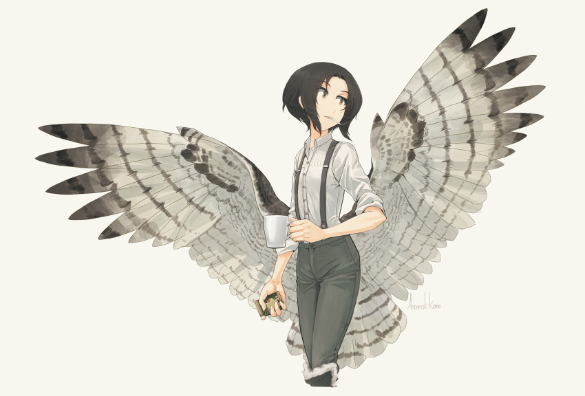 1girl, amelia_shaw, artist_name, asterisk_kome, bird_wings, black_footwear, black_hair, black_pants